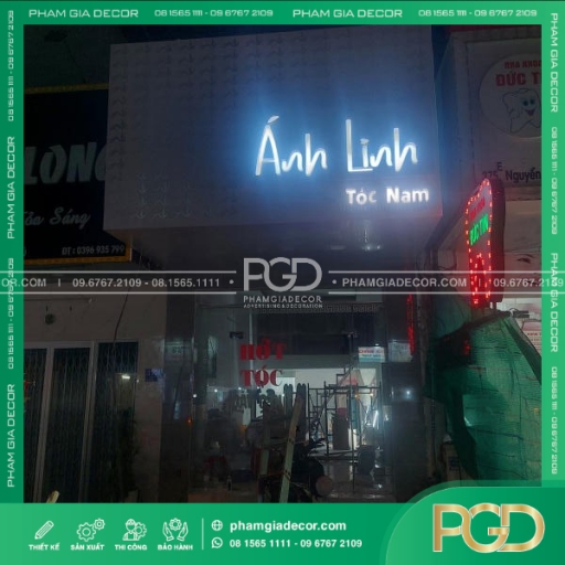 Làm Bảng Hiệu Alu Chữ Nổi Hông Nhôm LED Tiệm Tóc Ánh Linh