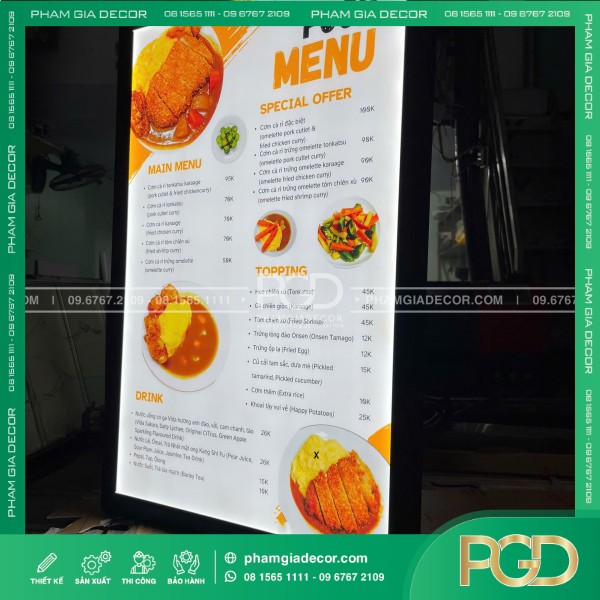 hộp đèn menu nắp bật